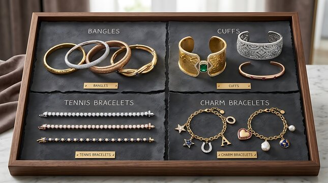 Luxury jewelry display board featuring a curated collection of gold and silver bangles, ornate cuffs, sparkling tennis bracelets, and gold charm bracelets on a textured dark grey background