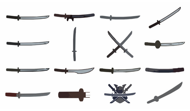 Japanese katana sword cartoon vector set, samurai weapon colorful illustration collection