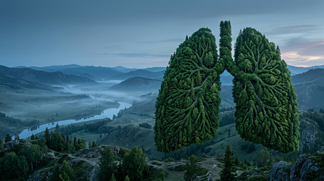 Human lungs formed from dense green trees above a mountain view in a forest