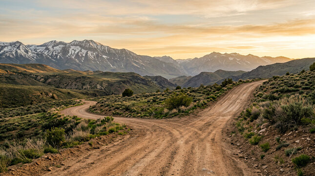 Dirt road splitting into two paths across a valley below rocky mountains