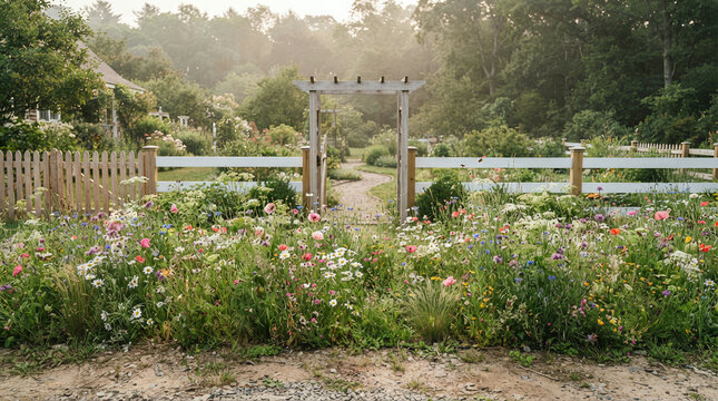 Wooden trellis over a garden path behind a white picket fence of flowers
