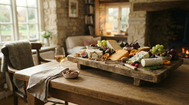 Wooden charcuterie board displays cheese fruit nuts and honey beside white wine