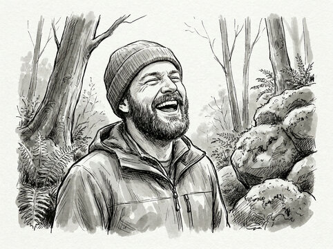 Ink style drawing of a bearded man laughing among forest trees in monochrome