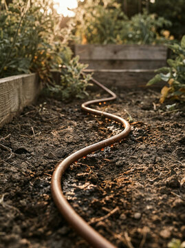 Brown soaker hose coiled on dark soil in a wooden vegetable garden bed