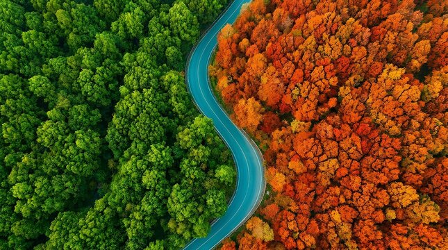 Aerial view of a winding road dividing green and orange autumn forests.