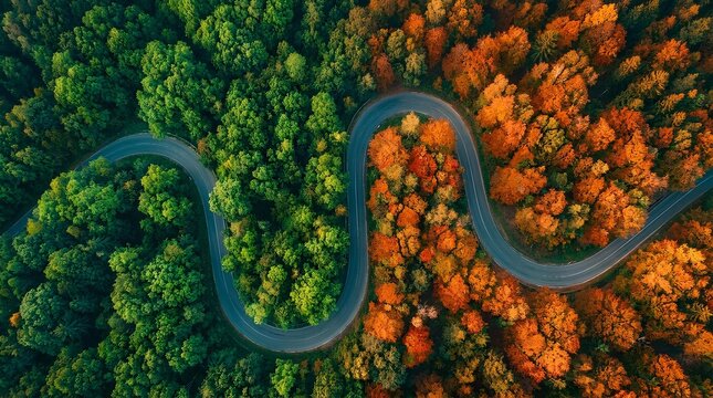 Aerial view of a serpentine road passing through a dense forest.
