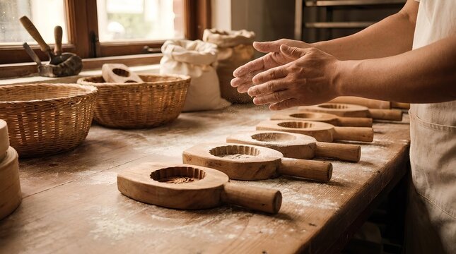 Baker preparing traditional dough using wooden molds.