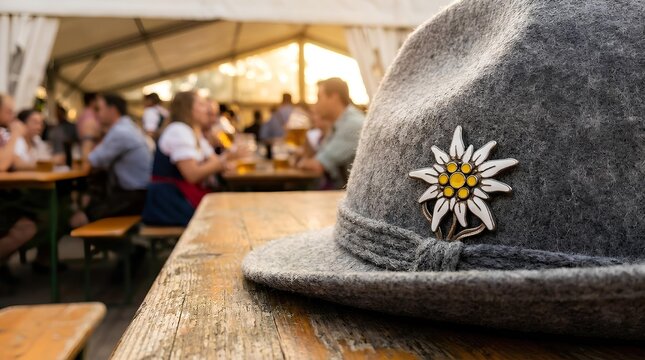 Bavarian felt hat with edelweiss flower pin on wooden table at traditional beer festival.
