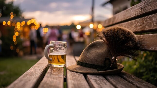 Bavarian hat and glass of beer on wooden bench at sunset.