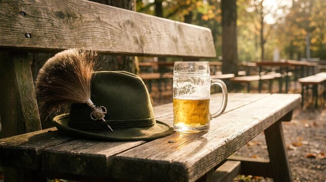 Bavarian hat and glass of beer on wooden bench.