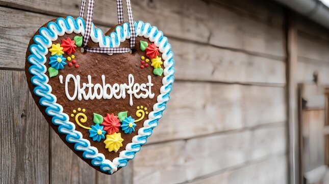 Bavarian Oktoberfest gingerbread heart hanging on rustic wooden background.