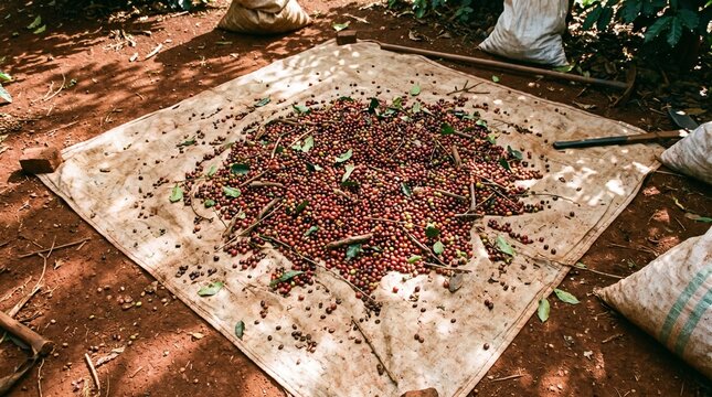 Brazilian coffee production chain. Brazilian Coffee Harvest Drying Patio Fresh Red Cherries Spread on Cloth