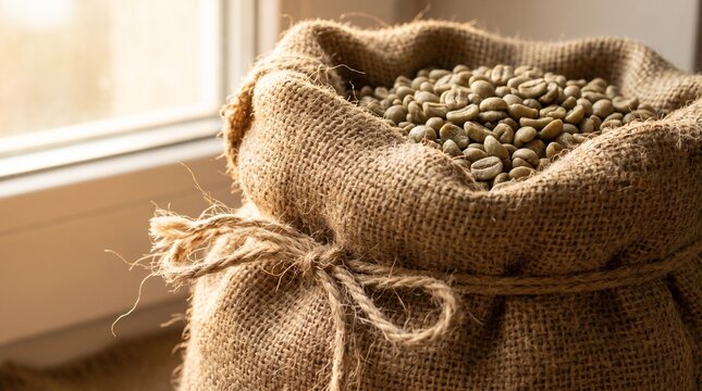 Brazilian coffee production chain. Brazilian Green Coffee Beans in Burlap Sack Ready for Processing