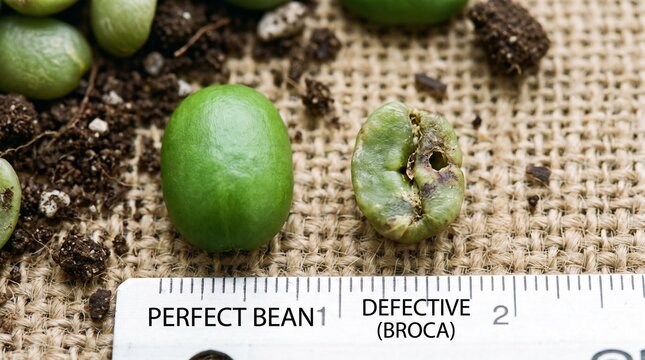 Brazilian coffee production chain. Brazilian Coffee Bean Quality Control Showing Perfect vs Defective Broca Bean