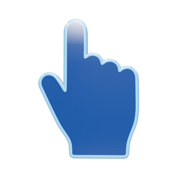 Glossy blue hand pointer icon 3D render representing click action navigation and selection for digital user interface web isolated on a transparent background
