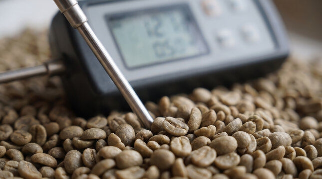 Brazilian coffee production chain. Green Coffee Beans Being Tested with a Thermometer for Quality Control in Brazil