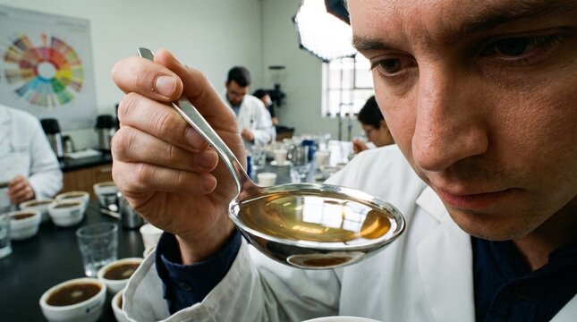 Brazilian coffee production chain. Coffee cupping expert evaluates aroma and flavor profile of specialty coffee in Brazil