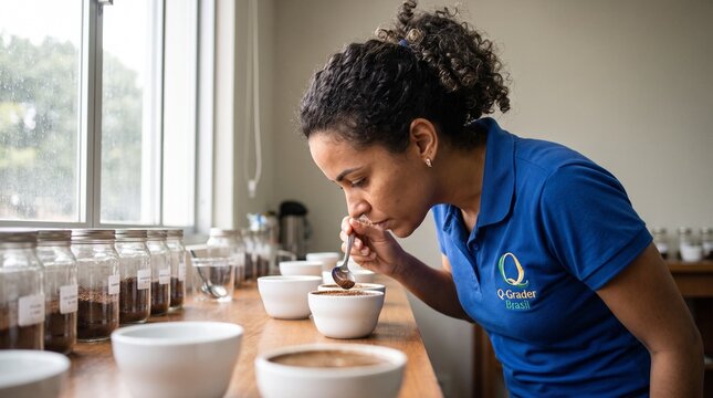 Brazilian coffee production chain. Q Grader Brasil Specialist Smelling Coffee Grounds During Cupping Session