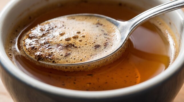 Brazilian coffee production chain. Close up of a spoon with coffee crema and foam in a cup