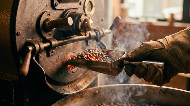 Brazilian coffee production chain. Brazilian Coffee Roasting Process Fresh Beans Emerging From Industrial Roaster