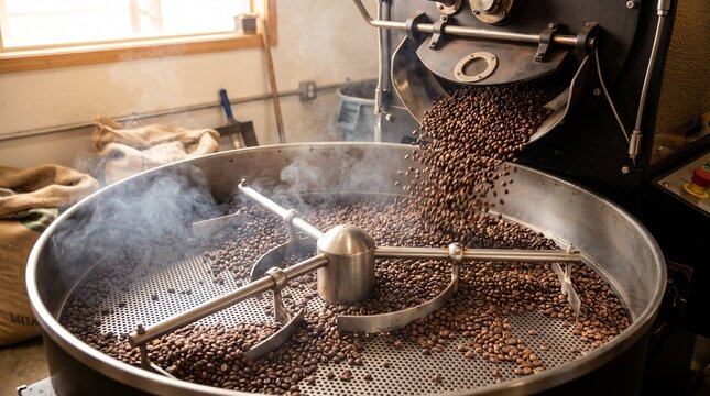 Brazilian coffee production chain. Brazilian coffee beans roasting in a commercial roaster machine with smoke rising
