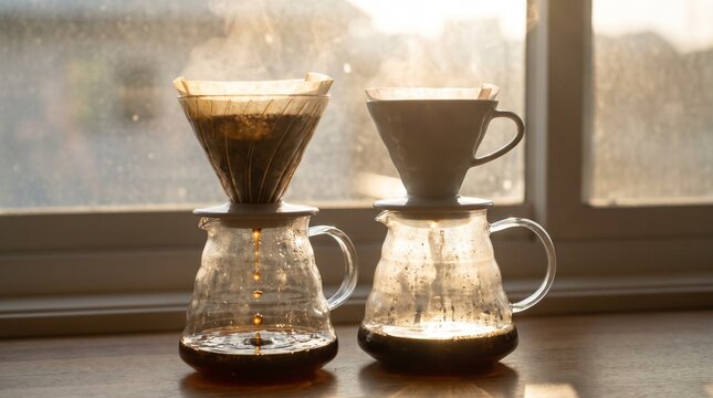 Brazilian coffee production chain. Barista preparing pour over coffee with steam rising in warm morning light