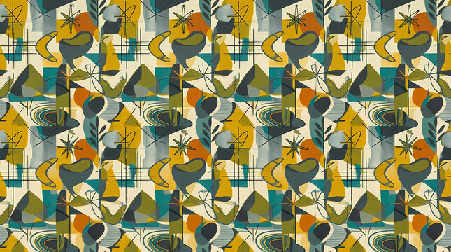 Mid-century modern abstract seamless pattern with atomic shapes on transparent background isolated on white