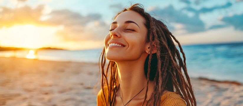 Beautiful dreadlocks woman relaxing on beach