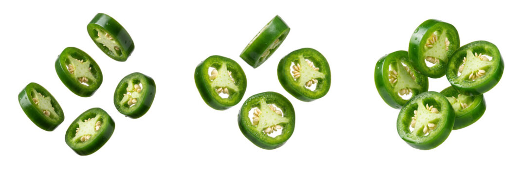  Fresh green jalapeno chili pepper round slices isolated on black background