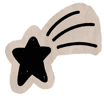 Hand Drawn Paper Cut Out Shooting Star. Hand-drawn comet with black star head and beige tail. Curved lines show motion. Ideal for decoration, scrapbook, journal, sticker or creative project.