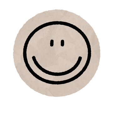 Hand Drawn Paper Cut Out Smiley Face. Beige circle features a classic smiley face. Black lines draw the eyes and curved mouth. Ideal for decoration, scrapbook, journal, sticker or creative project.
