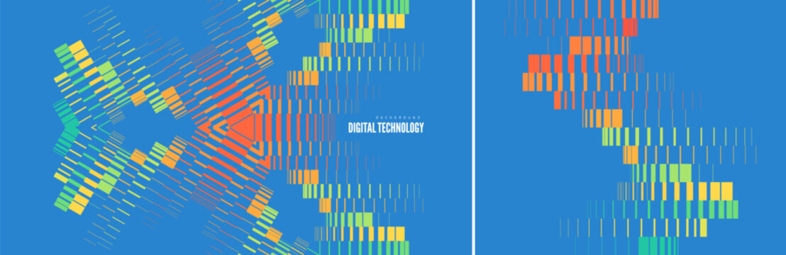 A geometric pattern forms a symmetrical triangle in the center. Line strokes cascade over a blue background with a shifting effect. Industrial style. Color gradient. Abstract background. Vector.