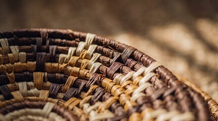Obraz premium Close up of a woven basket with natural fibers in earthy tones and dappled light
