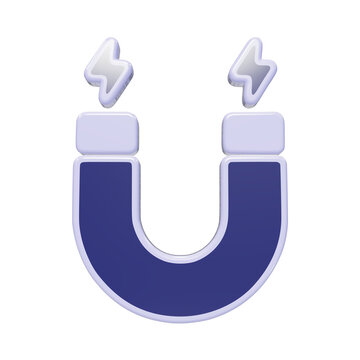 3D u-shaped magnet icon with lightning bolts symbolizing magnetic attraction and power for scientific research and physics education isolated on a transparent background