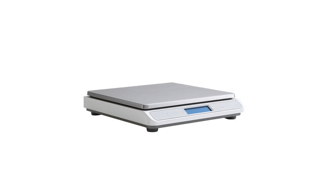 Digital electronic scale for weighing objects with metal surface on transparent background