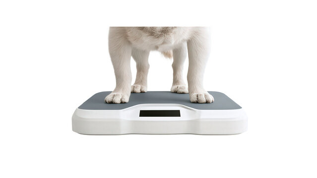 Dog standing on a digital scale with white dog positioned scale measure on transparent background