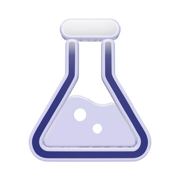 3D erlenmeyer flask icon with liquid for scientific experiments and chemical research featuring a glossy blue and white laboratory isolated on a transparent background