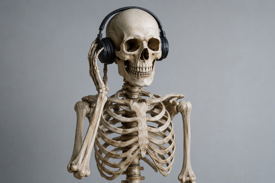 funny human skeleton listening to music with headphones
