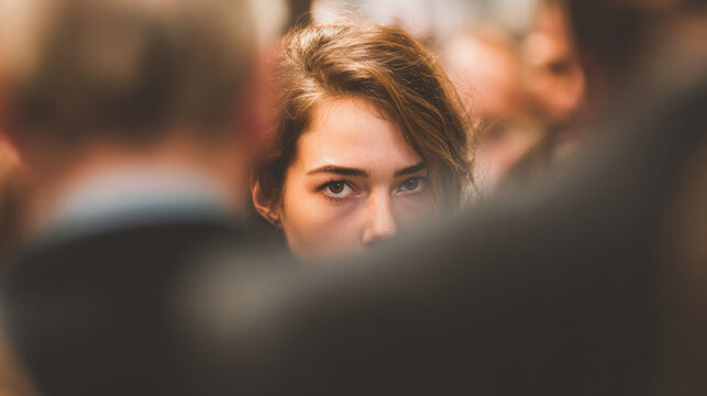 Young woman looking directly at camera while avoiding eye contact in a crowd