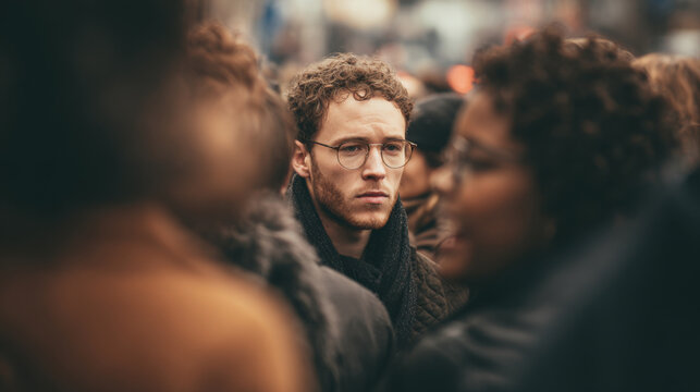 Man with glasses looking away in a crowded urban environment