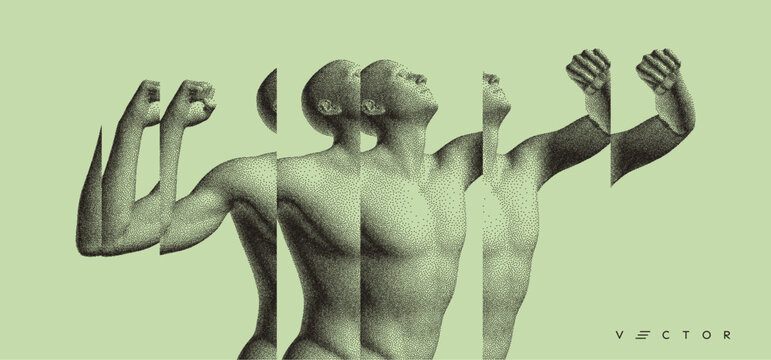 Champion raising both hands in the air as a true winner. Victory and freedom. Strong man raising hands up. Sport symbol. Leadership or workout bodybuilding concept. Reflection and splitting. Vector.