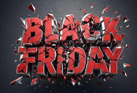 Explosive shattered red letters spelling black friday for dramatic sale promotion event