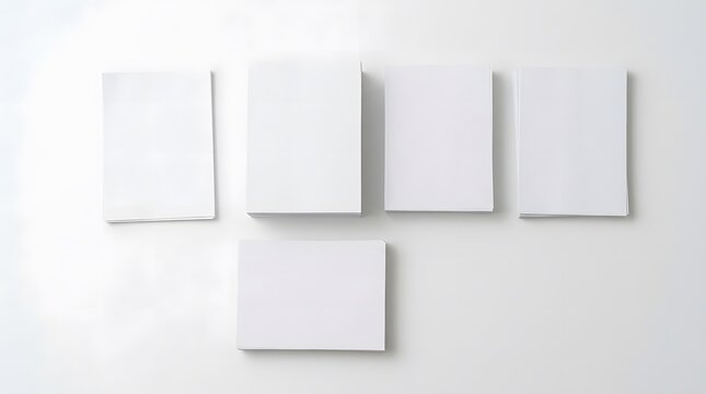 Five stacks of clean blank white paper sheets arranged in a neat pattern for office work and professional stationery use