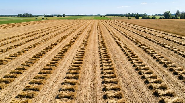 Golden field of harvested grain, with neat straw windrows stretching to the horizon under a bright summer sky, depicting the abundance of agriculture and peaceful rural life