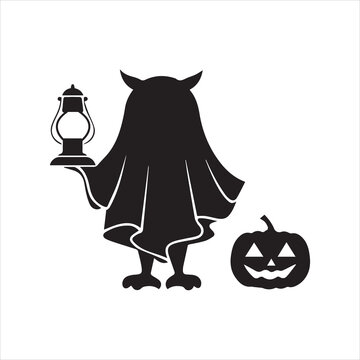 Ghost owl holding lantern with carved pumpkin silhouette for halloween