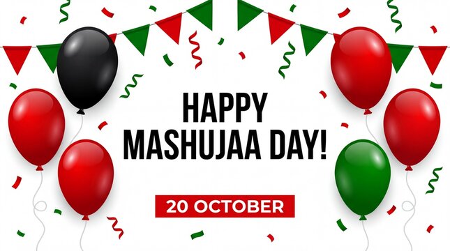 Festive Mashujaa Day greeting card design featuring vibrant red green and black balloons with celebratory confetti and bunting hanging against a clean