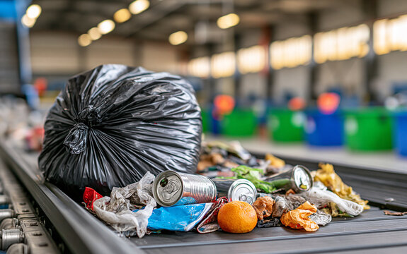 Conveyor belt with mixed trash and plastic bag in recycling facility