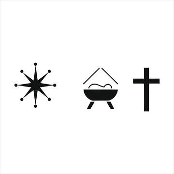Christmas star manger crib and christian cross religious icons silhouette