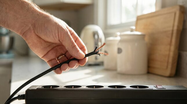 Close-up of a frayed electrical cable near a power strip in a kitchen, highlighting fire risk, electrical hazards, and home safety concerns