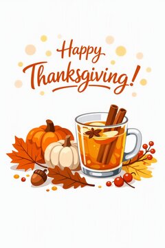 Warm thanksgiving greeting with pumpkin, cinnamon spiced mug and autumn leaves for holiday card or banner design